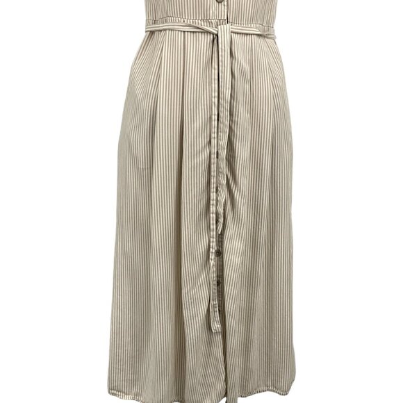Vetta The Button Up Midi Dress Taupe Stripe Short Sleeve Buttoned Size XS Belted - Picture 3 of 9